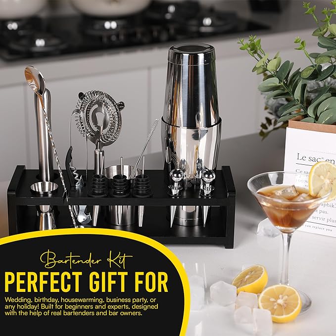 Premium 20 Piece Cocktail Shaker Set with Weighted Boston Shaker and Stand | Bartender Kit with Large Spill Catching Bar Mat - Recipe Book - Velvet Bag - Rustproof | Perfect for Mixology
