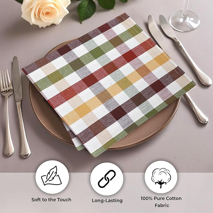 Urban Villa Cloth Napkins Harvest Checks Dinner Napkins Set of 12 20X20 100% Cotton Absorbent Washable Durable Reusable Cloth Napkins Ideal for Farmhouse Party Thanksgiving Harvest Fall Dinner Napkins