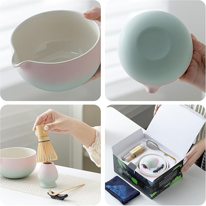 TEANAGOO Matcha Whisk Set Pink,Ceremony Matcha Set Kit Grident Pink,Matcha Tea Set for Making Breakfast/Latte,7 Pcs Matcha Whisk Set and Bowl with All Accessories,Gift for Family/Friend