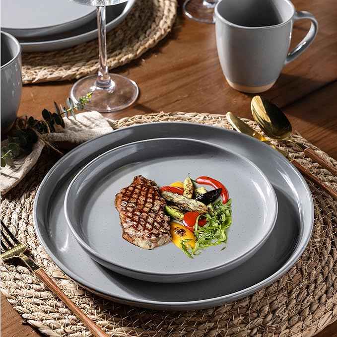 AmorArc Ceramic Dinnerware Sets for 6, 18 Pieces Handpainted Plates and Bowls Set with Rustic Terracotta Underside, Scratch Resistant Stoneware Dishes Set, Dishwasher & Microwave Safe, Gray