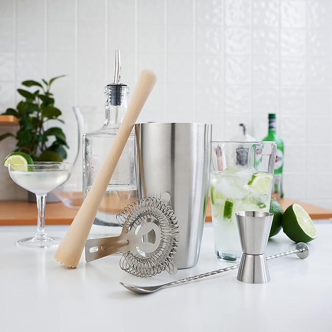 True 7-Piece Barware Set for Mixed Drinks and Cold Brew Cocktails, Includes Boston Cocktail Shaker Tin, Mixing Glass, Jigger, Muddler, Strainer, Bar Spoon, Pour Spout for Home Bar, Bartender Gifts