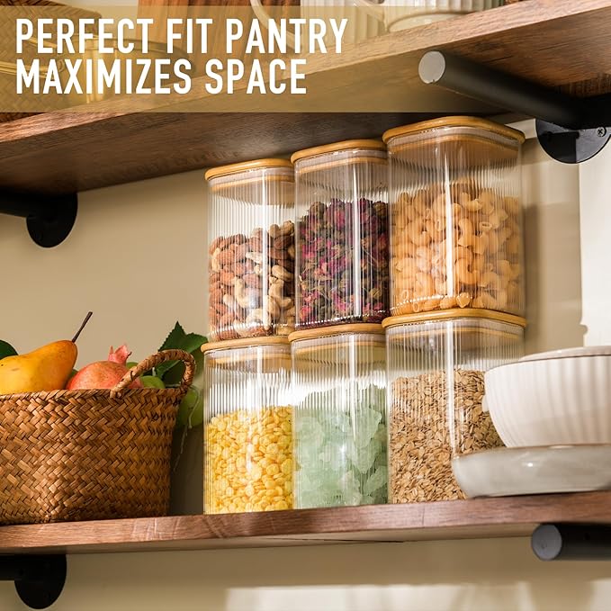 37oz Airtight Glass Square Storage Canisters with Bamboo Lids Set of 6 (1100ml) Striped Stackable Containers, Kitchen Jars for Pantry Noodles, Flour and Coffee beans (‎with Black Lable)