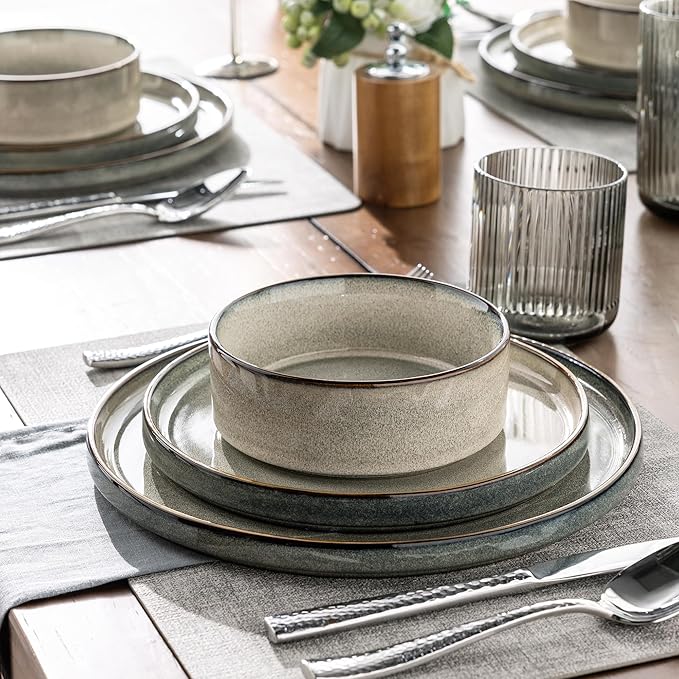 GBHOME Ceramic Dinnerware Sets for 8, 24 Pieces Stoneware Plates and Bowls Sets, Reactive Glaze Stackable Dish Set -Scratch Resistant, Dishwasher&Microwave Safe