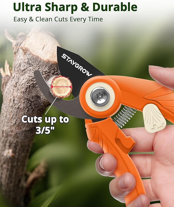 Pruning Shears, Garden Shears - 6.9" Garden Clippers, Gardening Scissors with Rust Resistant SK5 Stainless Steel Blade, Cuts 3X Easier, Weak Hand Arthritis Pruners for Gardening - Orange