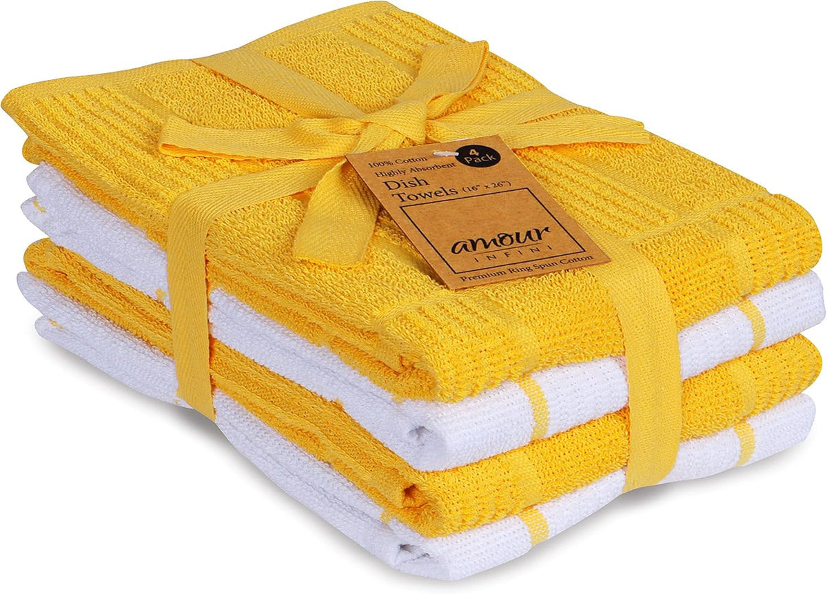 AMOUR INFINI Kitchen Towels Pack of 4 Absorbent, Quick Drying Premium Terry Cotton Dish Towel with Hanging Loop 16x28 Inch Hand & Tea Towels (Yellow)