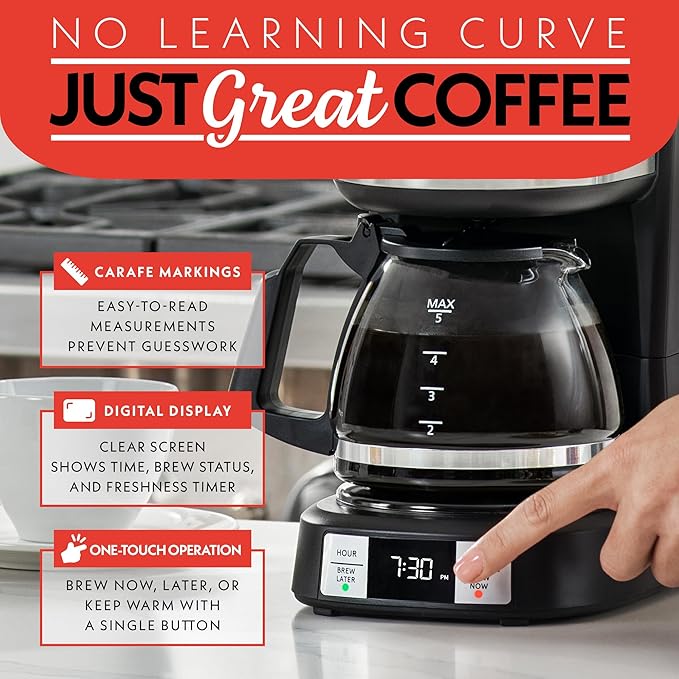 Gourmia Drip Coffee Maker – 5 Cup, One-Touch Brew, Pause & Serve, Adjustable 4 Hr Keep Warm, EZ-View Water Window, Black