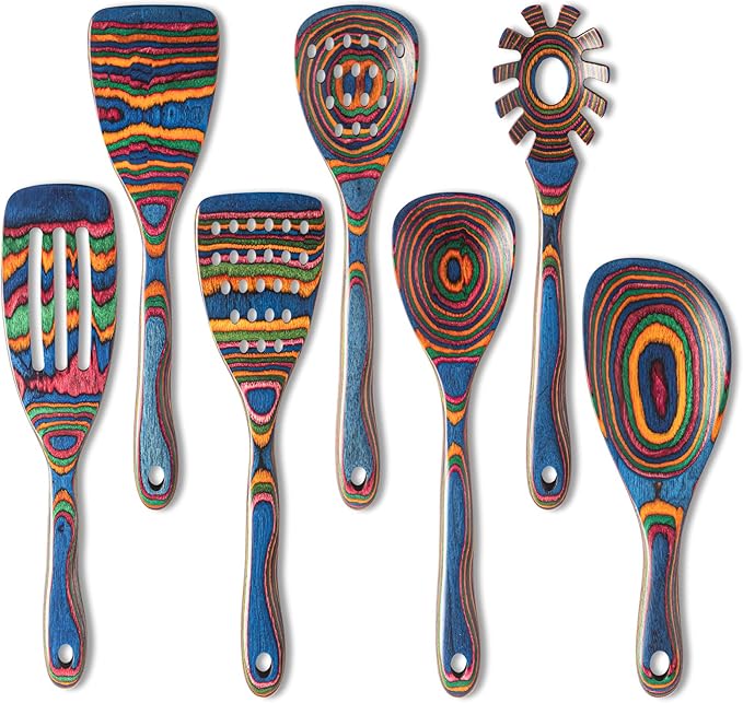 Gudamaye Pakka wood 7-Piece Blue Wooden Cooking Utensils, Wooden Spoons for Cooking, Wooden Spoon Set, Wooden Kitchen Utensil set, Pakkawood Cooking Spoons, Non-Stick Spoon,Pakkawood kitchen utensils