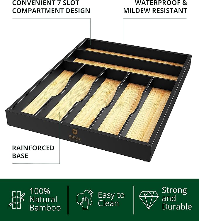 ROYAL CRAFT WOOD Luxury Bamboo Kitchen Drawer Organizer - Silverware Organizer - Utensil Holder and Cutlery Tray with Grooved Drawer Dividers for Flatware and Kitchen Utensils (7 Slot)