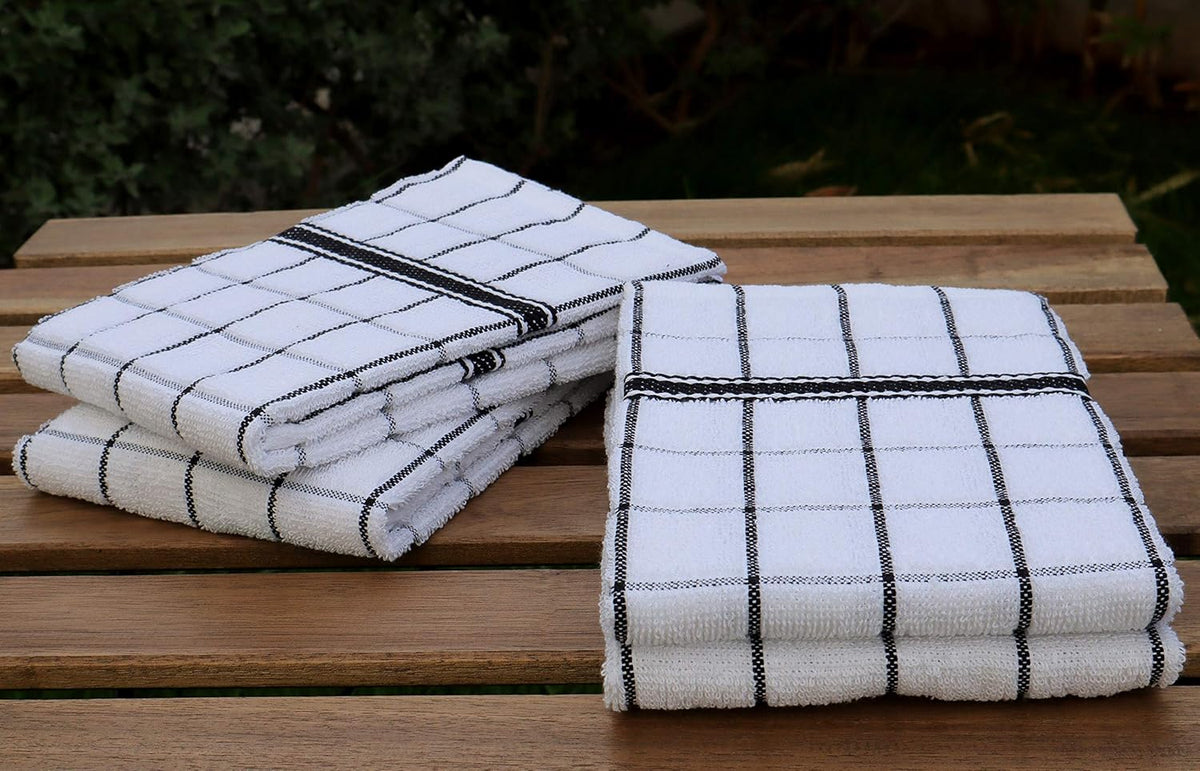 AMOUR INFINI Terry Cotton Kitchen Towels 4-Pack - Large 18 x 28 Inch, Absorbent & Soft Dish Towel with Hanging Loop, Washable Ideal for Cleaning, Drying (Black)