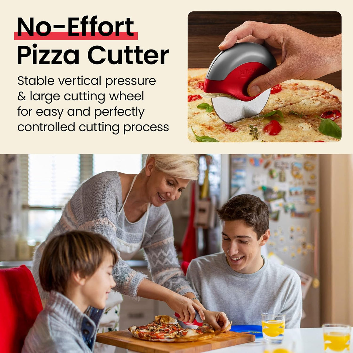 Kitchy Pizza Cutter Wheel with Protective Blade Cover, Ergonomic Pizza Slicer (Red)