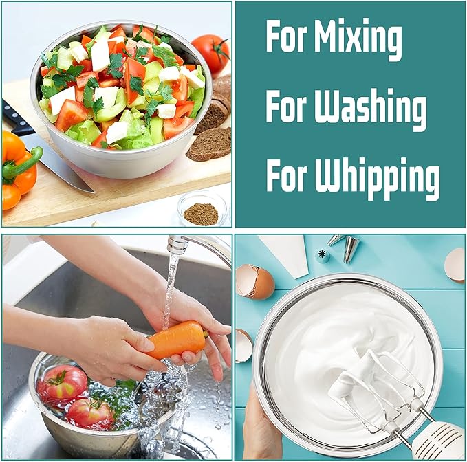P&P CHEF Mixing Bowls With Lids, Set of 6, Stainless Steel Nesting Mixing Bowls & Fitting Lids & Non-Slip Silicone Bottom, Ideal for Mixing, Storing, Size 0.7/1/1.5/2.5/3/4.6 Qt, Multicolor