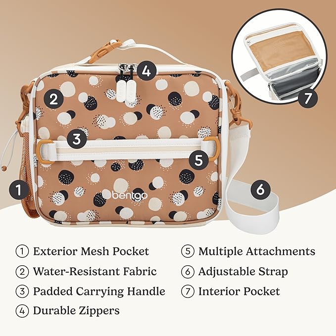 Bentgo Kids Lunch Bag (Whimsy & Wonder Collection) - Durable, Double-Insulated Lunch Bag for Kids 3+; Holds Lunch Box/Water Bottle/Snacks; Water-Resistant Fabric & Zip Pockets (Spots & Dots)
