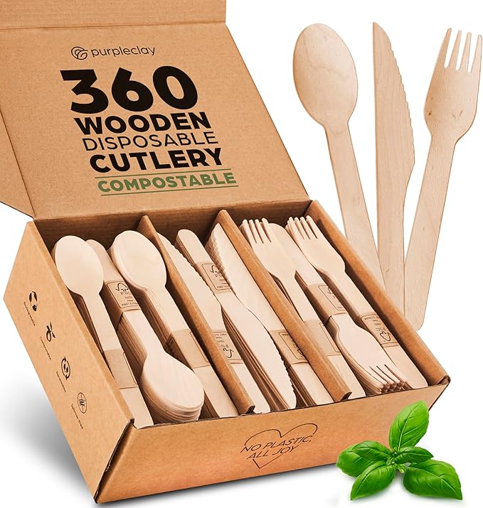 Wooden Compostable Utensils Set - 360 Pieces (120 Forks 120 Spoons 120 Knives) Sturdy Wood Disposable Cutlery - Eco-Friendly Biodegradable Utensils for Party - Free From Plastic Cutlery Set for Eating