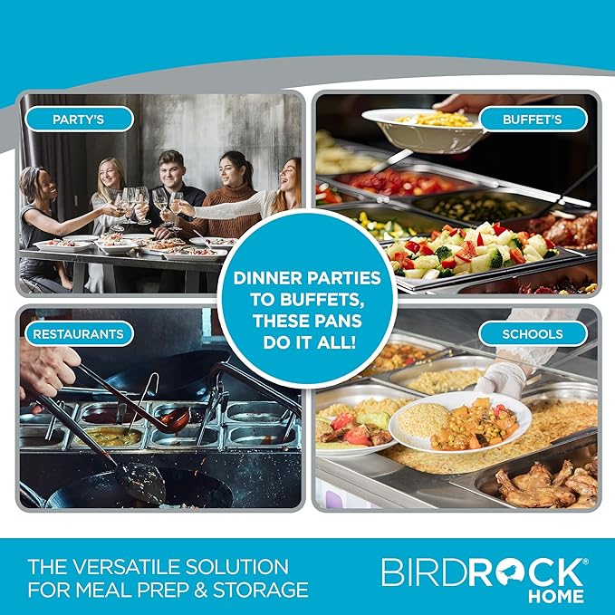 BIRDROCK HOME Stainless Steel Steam Table Pan - Hotel, Restaurant & Catering Supplies - 24 Gauge Steel, 6.2 qt Capacity - Meal Prep, Cooking, &Food Storage Container - 6" Depth, 1/3-Size (6 Pack)