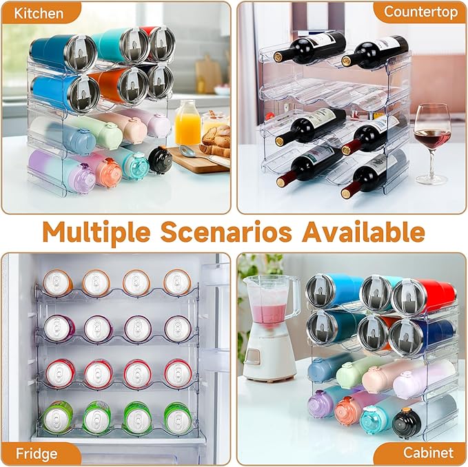 Stackable Water Bottle Organizer, Large Compartment Water Bottle Holder, 4 Tier Clear Water Bottle Organizer for Cabinet, Bottle Rack for Kitchen Organization and Storage - Hold 16 Bottles