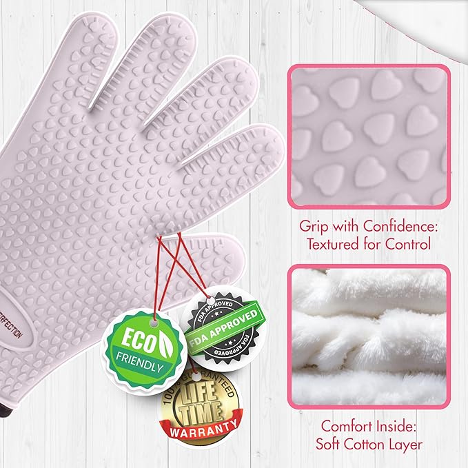 KITCHEN PERFECTION XL Silicone Smoker Oven Gloves for Women -Extreme Heat Resistant BBQ Gloves -Handle Hot Food Right on Your Grill Fryer&Pit|Waterproof Grilling Cooking Mitts|Superior Set+3 Bonuses