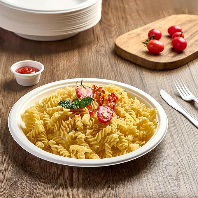 ECOLipak 125 Pack Paper Plates 10 inch 100% Compostable, Heavy-Duty Dinner Plates Disposable Bagasse Deep Dish Natural Biodegradable Eco-Friendly Sugarcane (White)