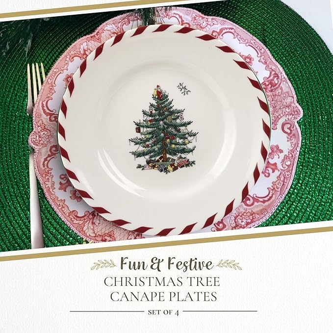Spode Christmas Tree Canape Plates - Set of 4 | Peppermint Design, Holiday Appetizer Plate | Christmas Serving & Festive Dish | Seasonal Decorative Plate, Holiday Tableware