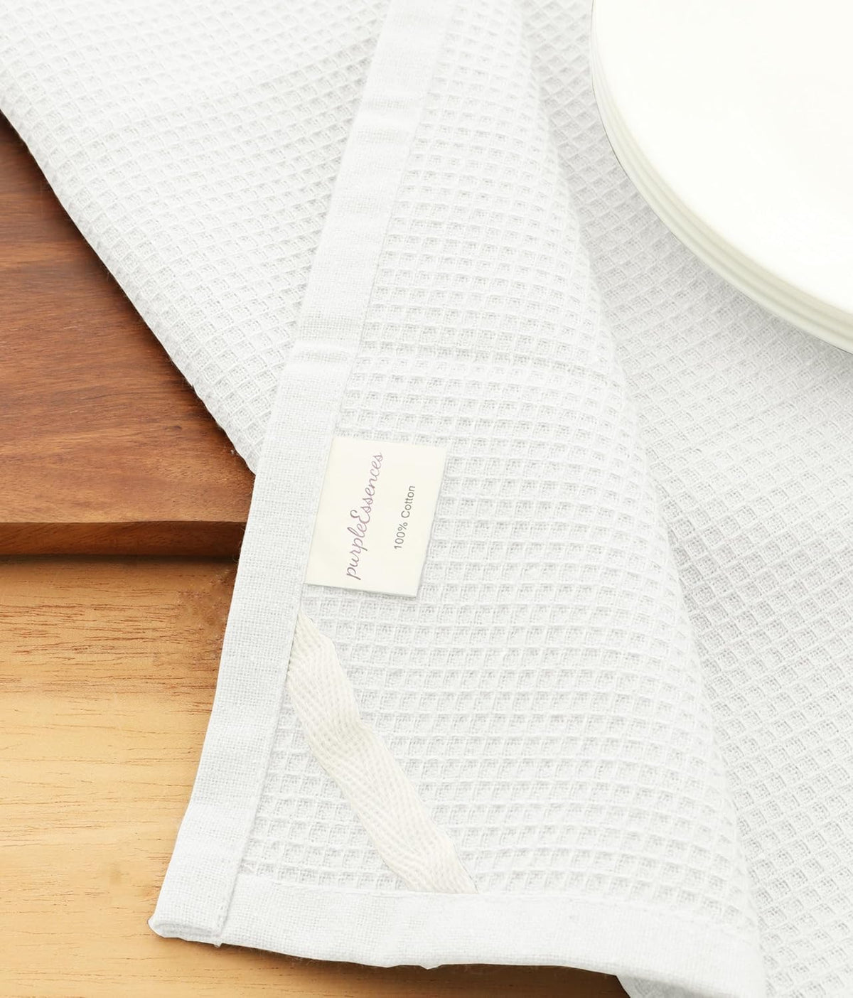 PurpleEssences Waffle Weave Kitchen Towel, 100% Cotton - 15 x 25 Inches, with Hanging Loop Ultra Soft Absorbent Quick Drying Dish Cloth, Tea and Hand Towels, 4 Pack - Spring Summer - White