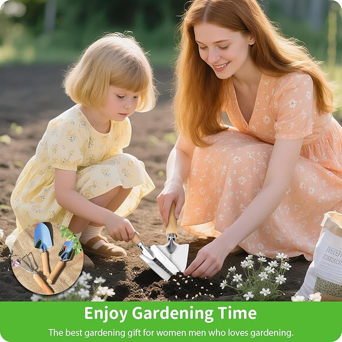 Garden Tool Set, 3 Pieces Gardening Kit with Garden Plant Twist Tie and Plastic Plant Tag, Stainless Steel Heavy Duty Garden Tools with Wooden Handle, Gardening Gifts for Women
