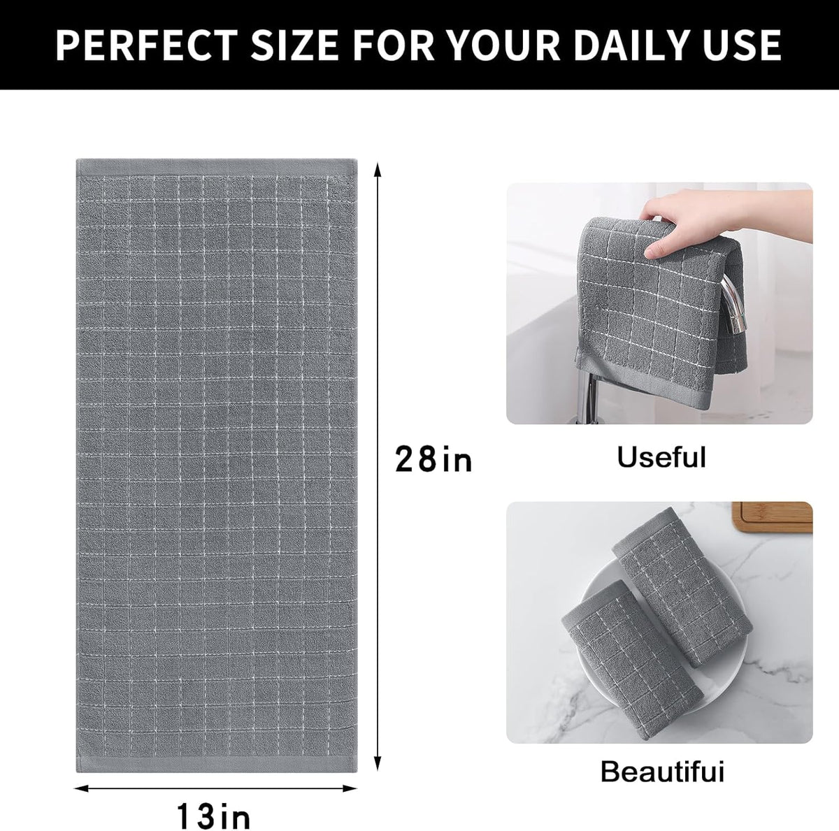 Homaxy 100% Cotton Terry Kitchen Towels(Grey, 13 x 28 inches), Checkered Designed, Soft and Super Absorbent Dish Towels, 6 Pack