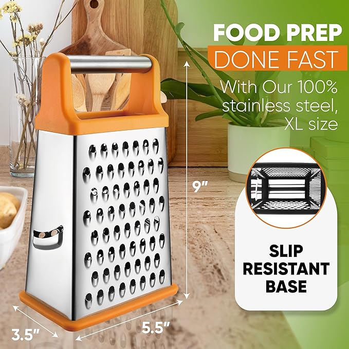 Spring Chef Handheld Stainless Steel XL Parmesan Cheese Grater with Handle - 4 Sided Manual Box Grater for Kitchen - Dishwasher Safe Cheese Shredder for Carrot, Potato, Vegetables, Hash Brown - Mango
