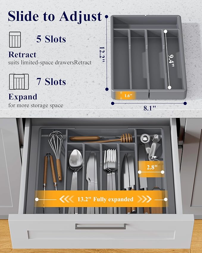 Kitsure Silverware Organizer for Drawers - Expandable Cutlery and Utensil Drawer Organizer with Easy Maintenance, Premium PP Kitchen Organizers and Storage for Flatware, Grey, 13.2" x 12.2" x 1.6"