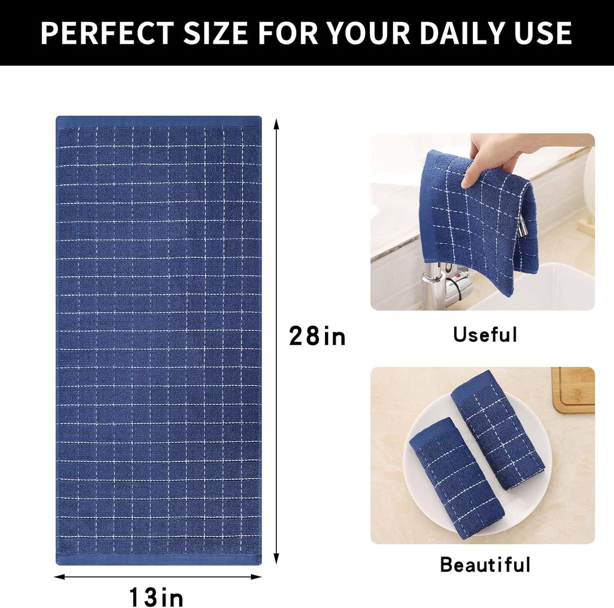 Homaxy 100% Cotton Terry Kitchen Towels(Navy Blue, 13 x 28 inches), Checkered Designed, Soft and Super Absorbent Dish Towels, 6 Pack