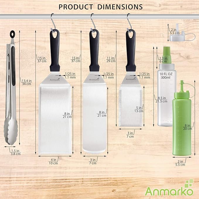 Metal Spatula Set of 6 - Griddle Accessories kit - Grill Flat Spatula Pancake Flipper Hamburger Turner - Metal Utensil Great for BBQ Grill Flat Top Cast Iron Griddle - Commercial Grade