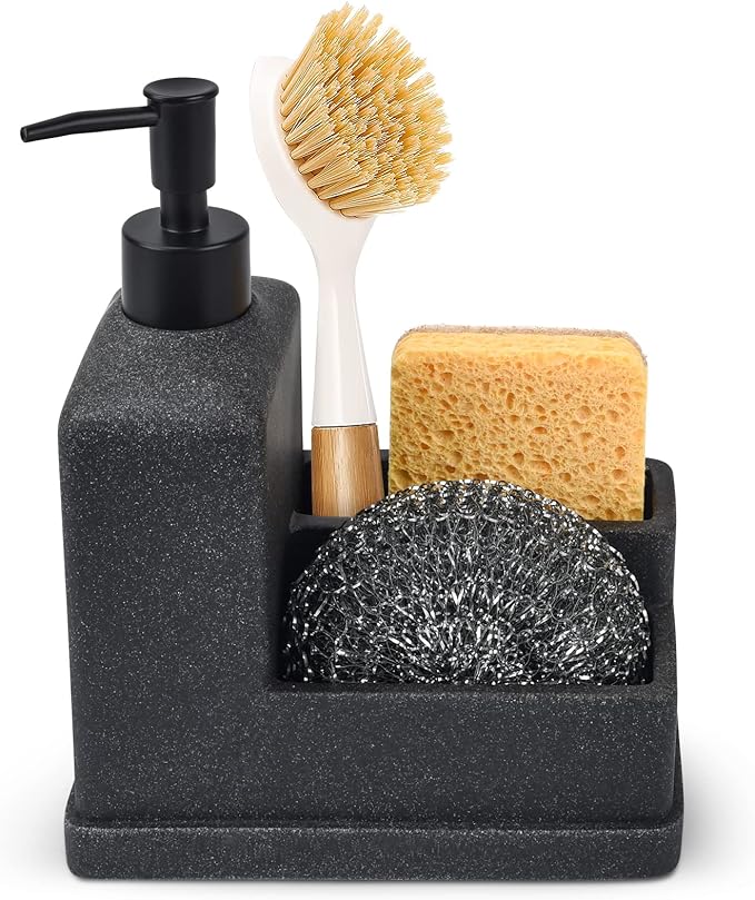 Dish Soap Dispenser with Sponge Holder,Liquid Hand and Dish Soap Dispenser and Spong Caddy with Brush Holder 3 in 1 Countertop Organizer for Kitchen Sink and Bathroom,Black