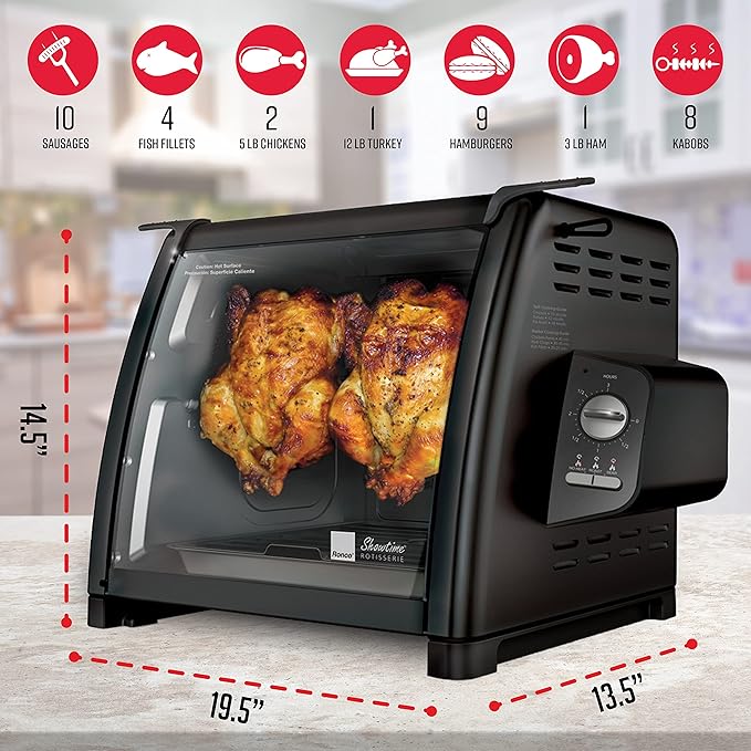 Ronco Showtime Large Capacity Rotisserie & BBQ Oven Modern Edition, Simple Switch Controls, Silicone Door Tie, Auto Shutoff, Includes Multipurpose Basket