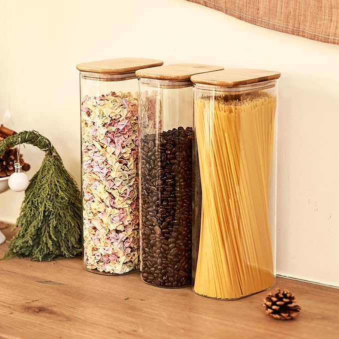 Liuruiyu Glass Storage Jars Set of 3, Clear Glass Food Storage Containers with Airtight Bamboo Lid Stackable Kitchen Canisters for Candy,Cookie,Rice,Sugar,Flour,Pasta(Flat)
