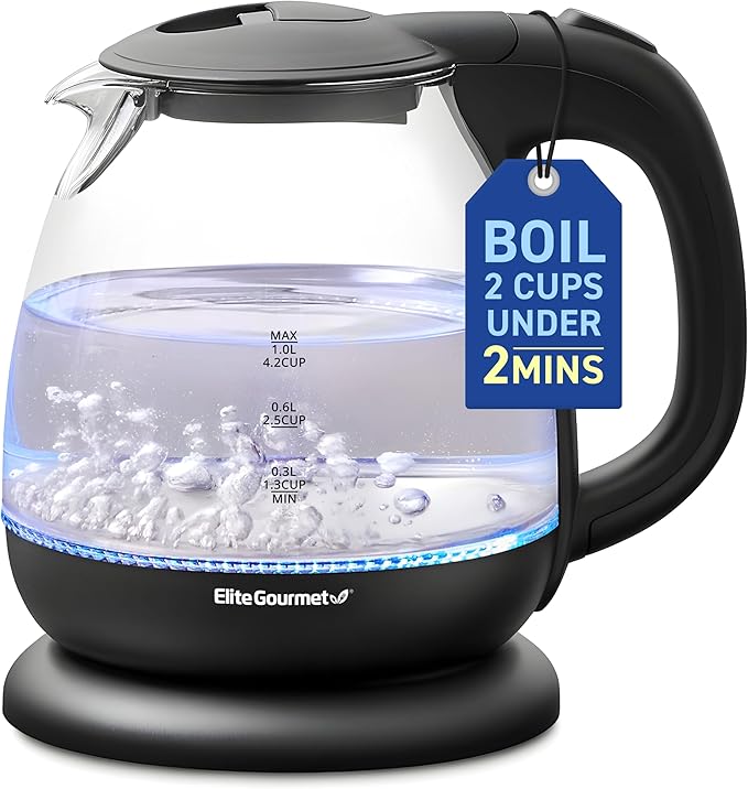 Elite Gourmet EKT1001B Electric 1.0L BPA-Free 1100W Glass Kettle Cordless 360° Base, Stylish Blue LED Interior, Handy Auto Shut-Off Function – Quickly Boil Water For Tea & More, Graphite Black