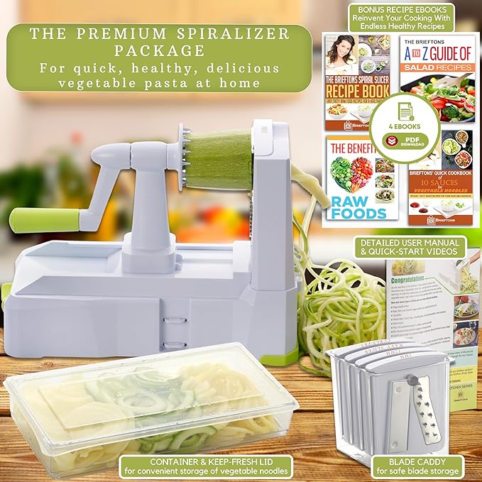 Brieftons 7-Blade Vegetable Spiralizer: Strongest-Heaviest Spiral Slicer, Best Veggie Pasta Spaghetti Maker for Low Carb/Paleo/Gluten-Free Meals, With Container, Lid, Blade Caddy & 4 Recipe Ebooks