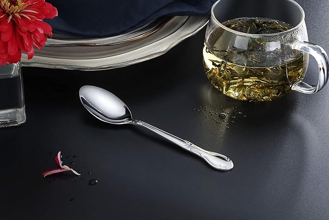 New Star Foodservice 58727 Rose Pattern, 18/0 Stainless Steel, Teaspoon, 6.2-Inch, Set of 12