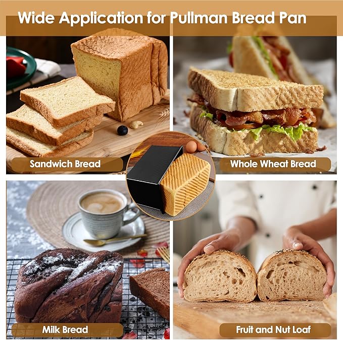 1lb Bread Pan with Dough Scraper Cutter, 8.4 X4.8inch Black Bread Loaf Pan, Rectangular Covered Metal Pullman Loaf Pan with Lid for Homemade Sandwich Bread