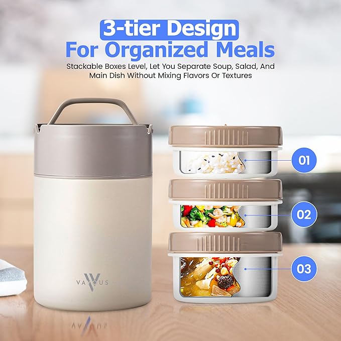 60oz Insulated Food Jar with Phone Holder Lid –Stainless Steel Lunch box with 3 Compartments – Leak-Proof, Thermal Bento for Adults, Keeps Meals Hot or Cold for Hours