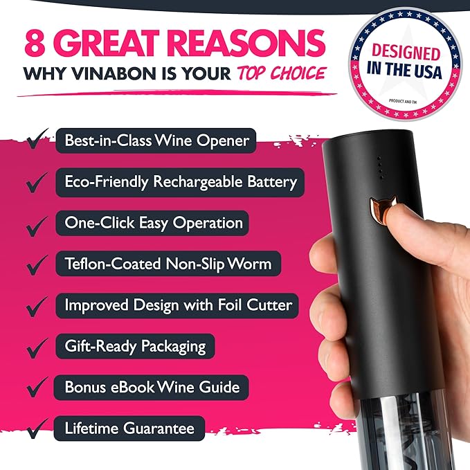 VINABON Electric Wine Opener 2026 - One-Touch Automatic Wine Bottle Opener Corkscrew - Rechargeable (Up to 100 Bottles/Charge) with Foil Cutter Stand, LED Indicator. Includes Wine Guide eBook