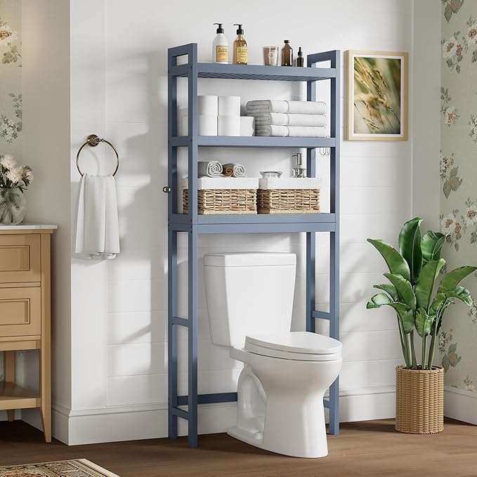 Smiry Over The Toilet Storage Cabinet, 3-Tier Bamboo Bathroom Organizers with Adjustable Shelf & 4 Hooks, Space Saving Shelf Rack for Bathrooms, Laundry Room, Balcony, Grey
