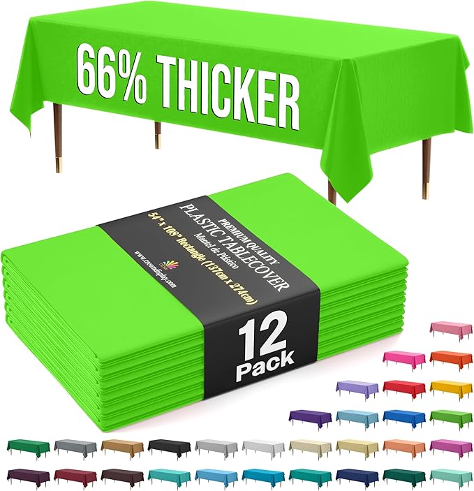 Exquisite 66% Thicker Premium Plastic Table Cloth Rectangle Table Cover 0.5 Mil 12 Pack Lime Green Table Cloth 54 Inch x 108 Inch Disposable Tablecloth Won't Tear Easily Like Cheap Thin Brands