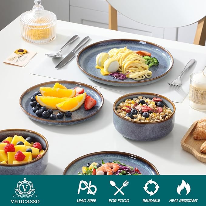 vancasso PLAYA Plates and Bowls Sets, 12 Pieces Grey-Blue Dinnerware Sets for Kitchen, Reactive Glaze Dishes Set for 4, Dishwasher and Microwave Safe