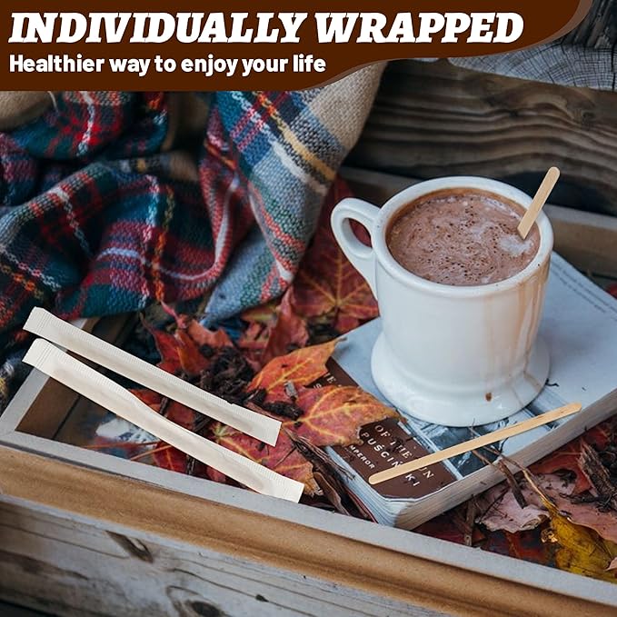 ANTETOK 100Pcs Wooden Coffee Stirrers Paper Wrapped 4.3Inch,Individually Wrapped Disposable Coffee Stir Sticks for Coffee,Tea,Cocktail and Hot Chocolate