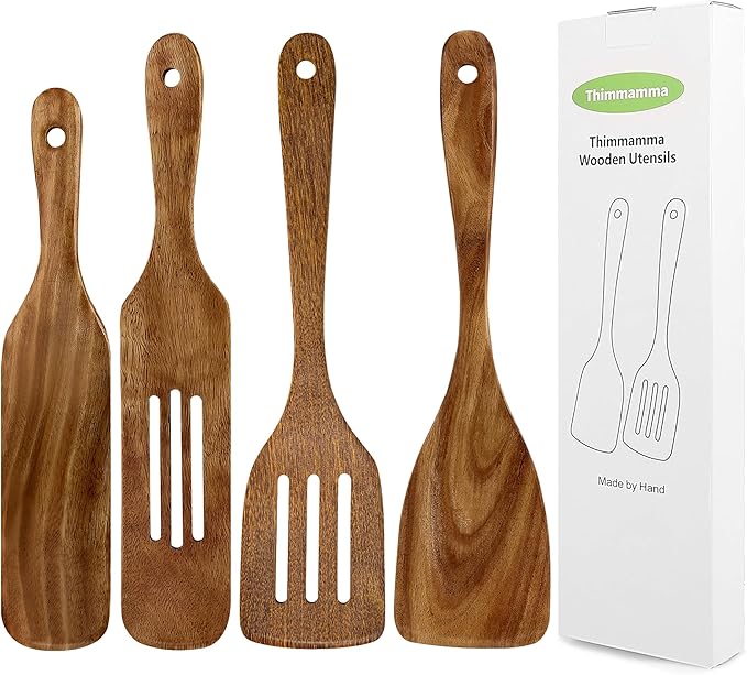 Wooden Spatula, Heat Resistant Cooking Wood Spatulas Spurtles for Non Stick Cookware Kitchen Use, Handmade Non Toxic Teak Wooden Cooking Utensil Spurtle Set for Cast Iron Baking Flipping, 4 Piece