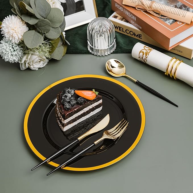 N9R Gold Plastic Cutlery Set - 90pcs with Black Handle - Fancy Plastic Silverware, Heavy Duty - 30 Spoons, 30 Forks, 30 Knives for Halloween and Everyday Use