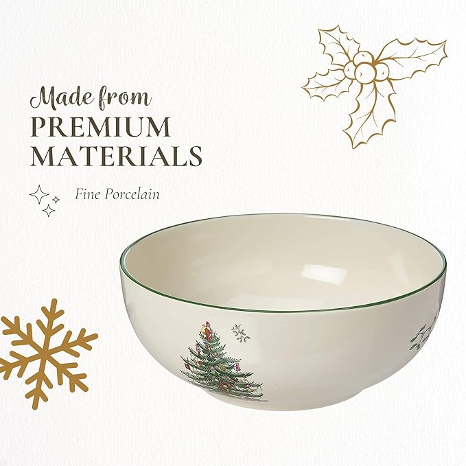 Spode Christmas Tree Round Serving Bowl - 8-Inch Ceramic Bowl for Pasta, Salad, Soup, and Side Dishes - Elegant Porcelain Design, Stackable, Dishwasher & Microwave Safe - Ideal for Holiday Gatherings