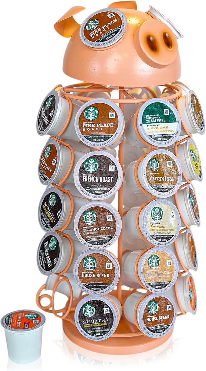 Made Easy Kit Carousel Coffee Pod Holder, Compatible with Keurig K-Pods K-Cups, Countertop Rack Storage Organizer, Metal Home and Kitchen Decor, Capsule Café Station Bar (Large, Pink Pig)