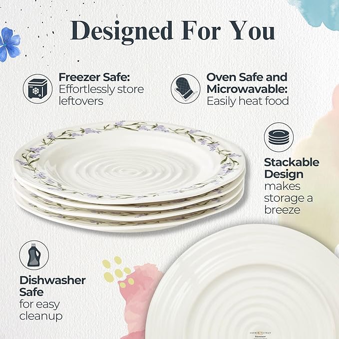 Portmeirion Sophie Conran Lavandula 11" Dinner Plate, Set of 4, Lavender Floral Pattern in Soft Purple-Green - Porcelain Plates for Garden Brunches, Spring Dinners, Weddings & Seasonal Entertaining