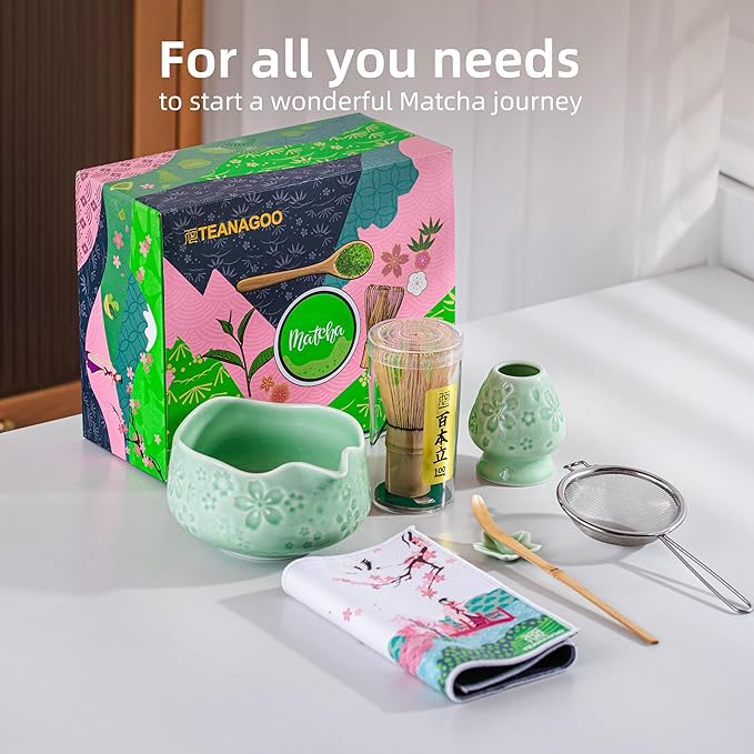 TEANAGOO Matcha Whisk Set,7 Pcs Matcha Set Blue Green,Ceremony Matcha Kit,Matcha Tea Set for Making Latte,Ceramic Bowl(chawan) whith Spout and Whisk,Gift for Matcha Lovers