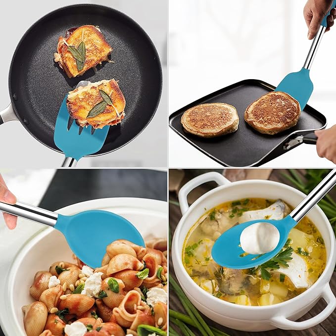 Silicone Spatula Spoon Set, 4 PCS Silicone Cooking Utensils Spatula Spoon Set with Stainless Steel Handle, BPA Free Kitchen Turners for Frying, Mixing, Serving, Draining, Turning, Stirring, Blue