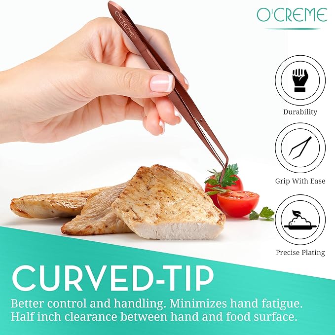 O'Creme Curved Tweezers 6.25 Inch Fine-Point Stainless Steel, Rose Gold
